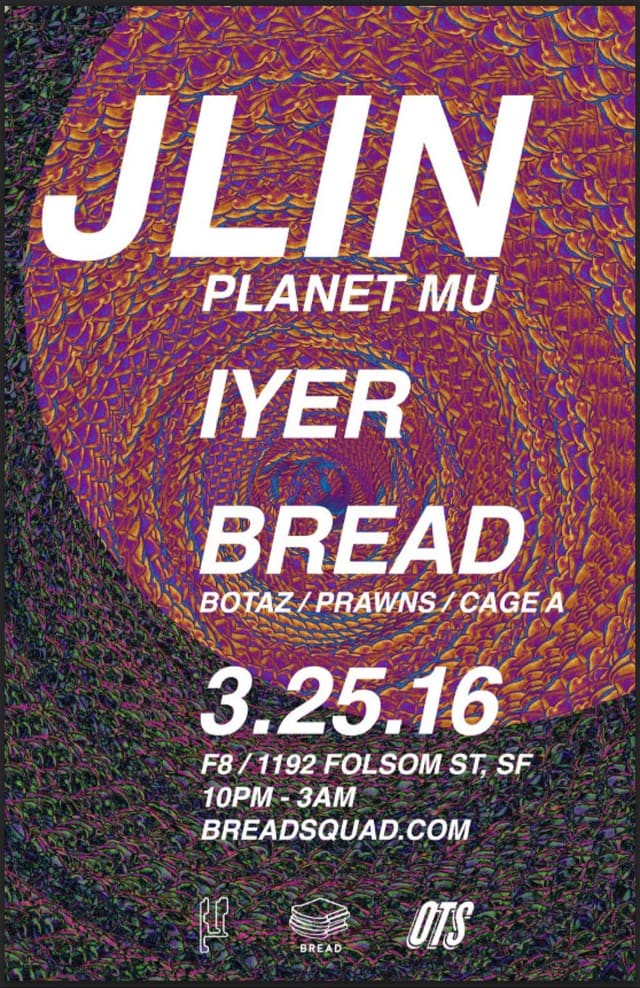 BREAD #5 flyer: JLIN, Planet Mu, Iyer over a swirling purple pattern