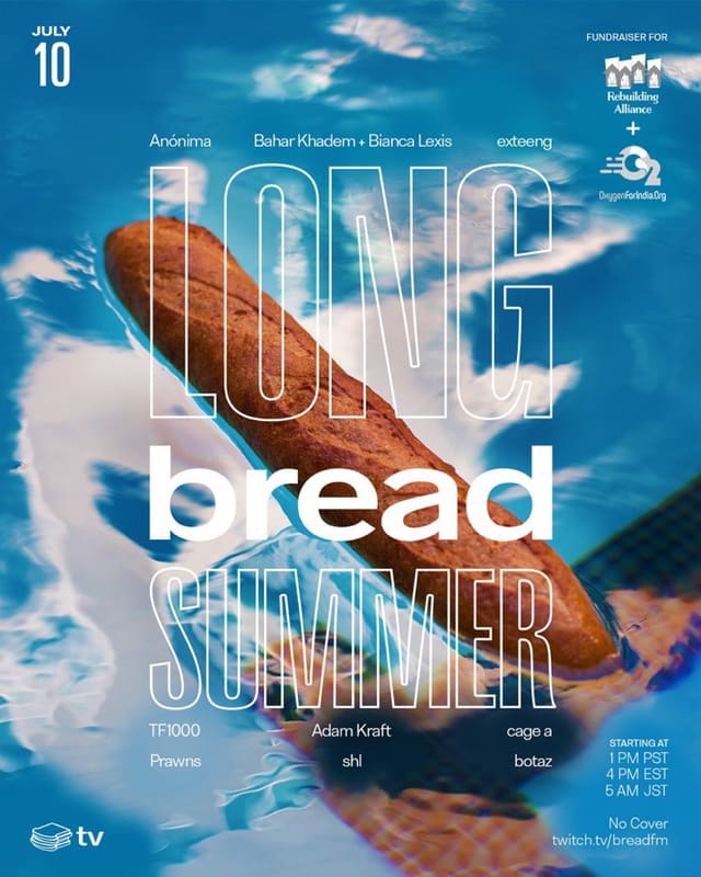Long Bread Summer flyer: a baguette floating over sky-blue water